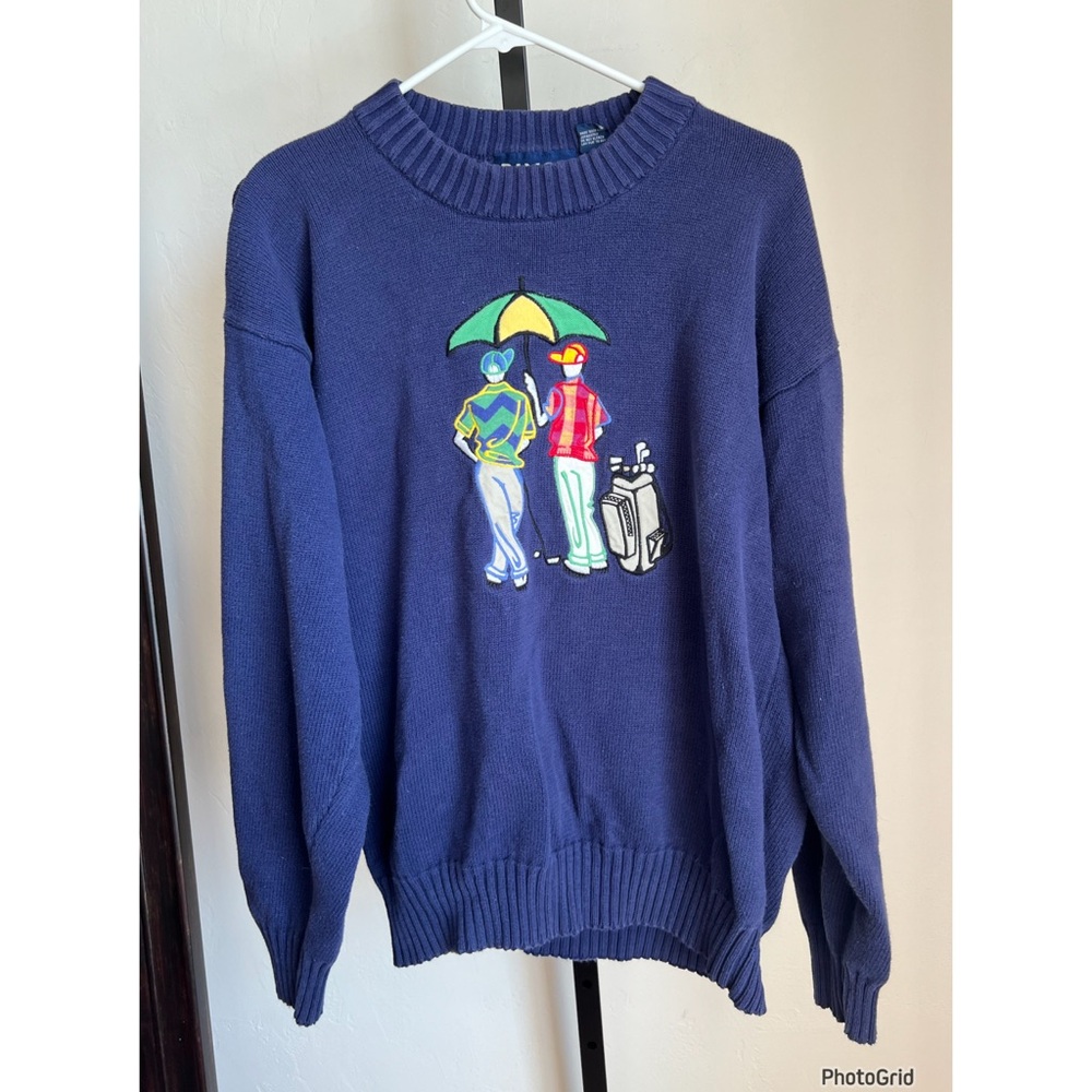 Vintage Navy Men's Crewneck Sweater with Golfers Embroidery Pivot Sportware L